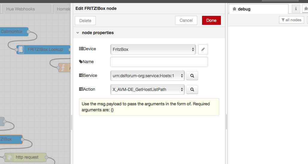 Parameter zur Abfrage der FritzBox Host Liste mit Node-RED