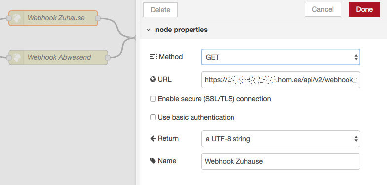 Konfiguration des Request Nodes zum triggern eines Webhooks in homee