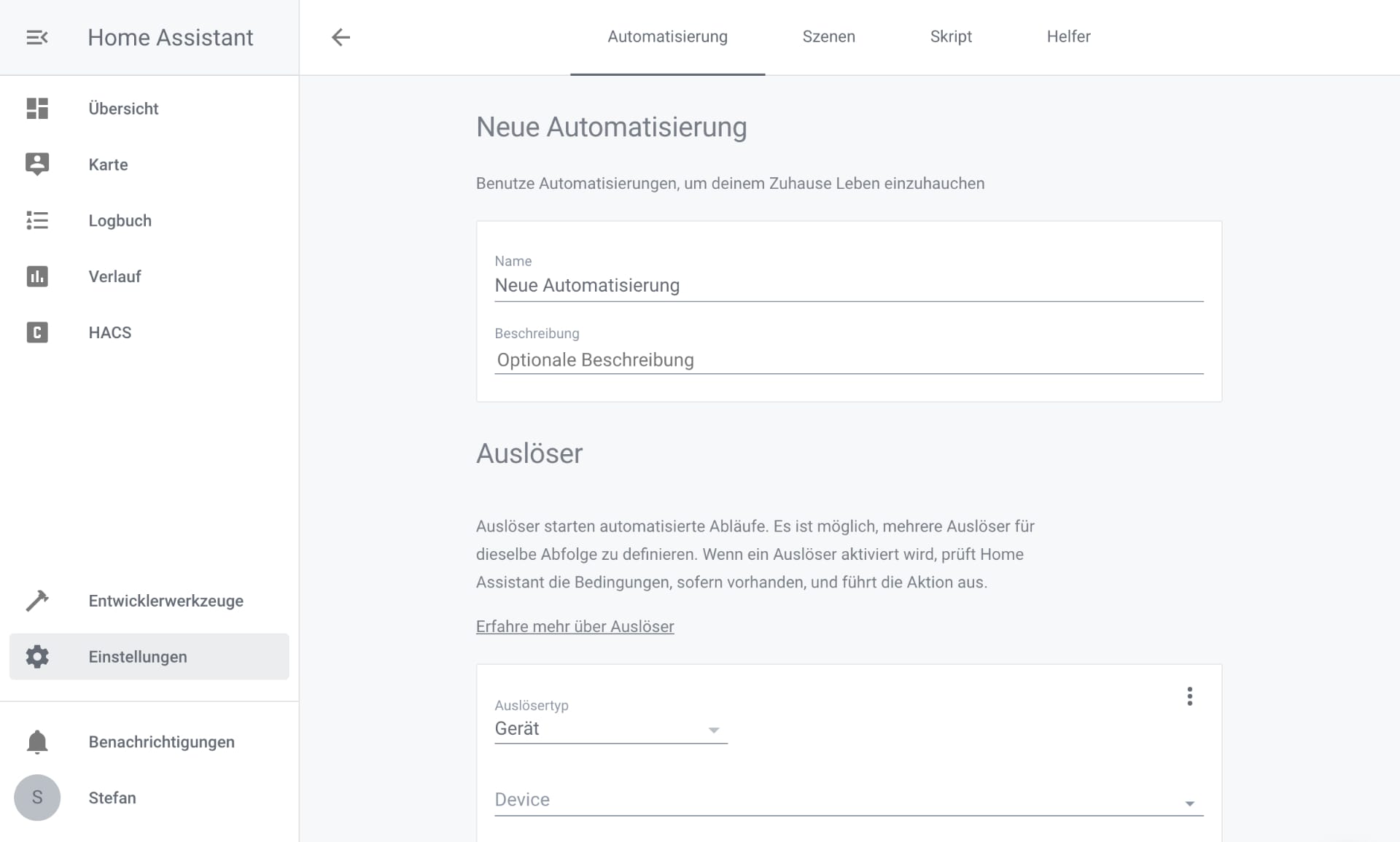 Neue Automatisierung in HomeAssistant. Etwas mehr Hilfestellung bei erweiterten Einstellungen wäre hilfreich.