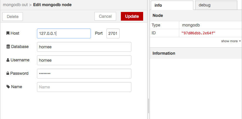 Node-RED MongoDB Verbindungseinstellungen