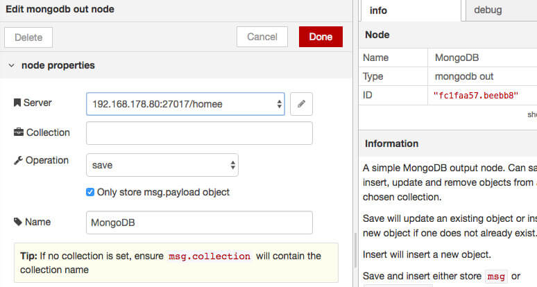 MongoDB Einstellungen in Node-RED