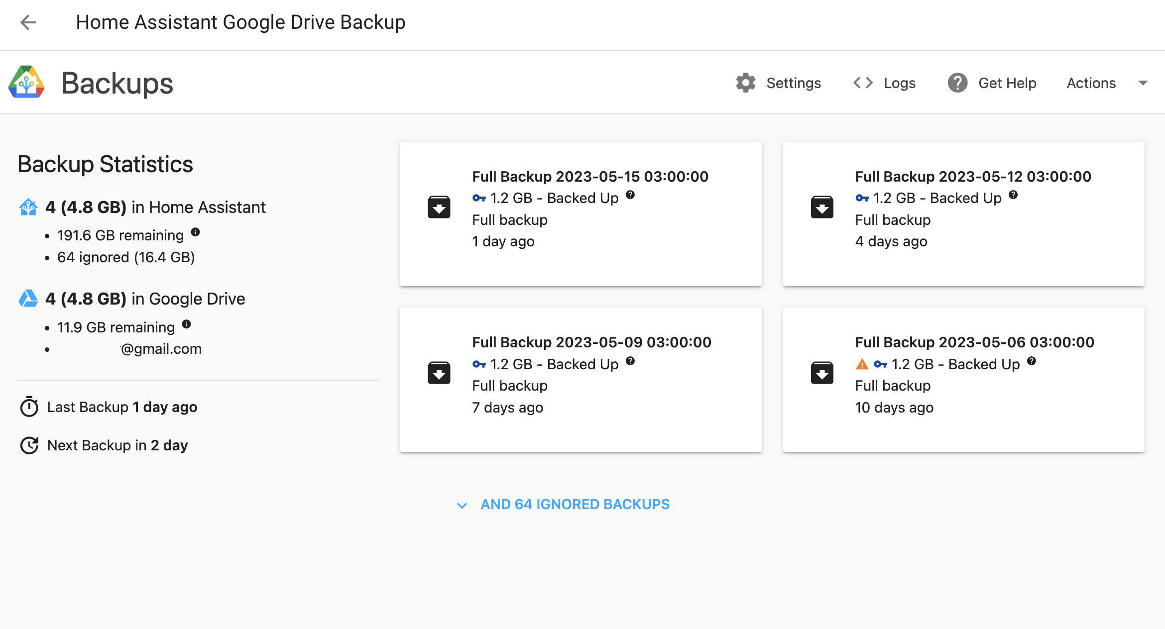 Screenshot der Benutzeroberfläche - Home Assistant Google Drive Backup