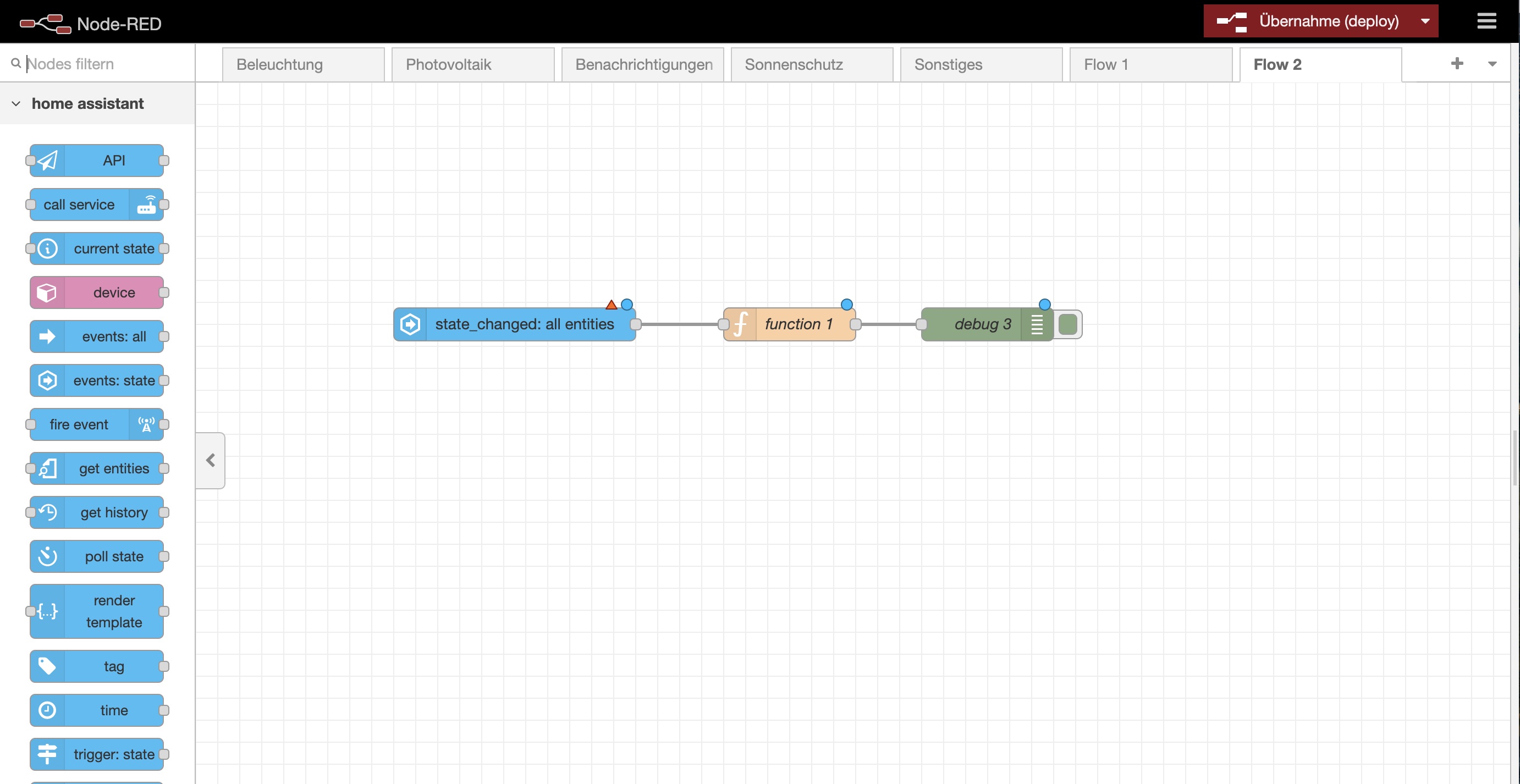 Screenshot der Benutzeroberfläche von Node-RED